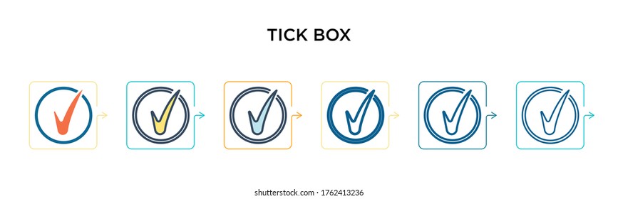 Tick box vector icon in 6 different modern styles. Black, two colored tick box icons designed in filled, outline, line and stroke style. Vector illustration can be used for web, mobile, ui