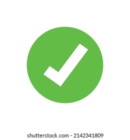 Tick button vector illustration. Green circle with white tick check mark. Approval and correct tick icon 
