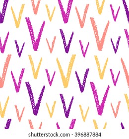 Tick, check, chevron seamless vector pattern. Brush drawn, textured ornament. Multicolored geometrical free hand drawn background. Rough texture.