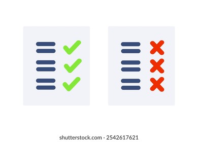 Conjunto de ícones de formulário em papel de marca de verificação e marca cruzada. Conceitos de desempenho, desempenho, avaliação e lista de verificação. Ilustração isolada de design de vetor plano.