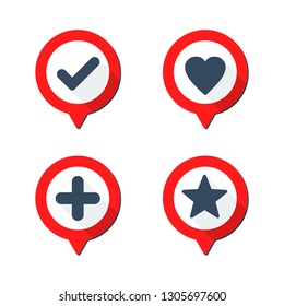 Tick (check), heart (like), plus (add), star (favorite) - web buttons set in flat mark design 