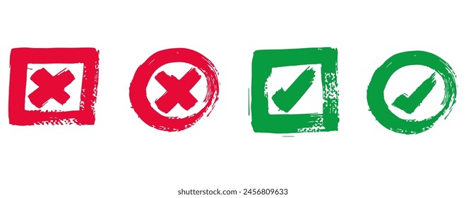 Marca, marca de verificación y marca de la cruz 2 sobre un fondo blanco, Ilustración vectorial.