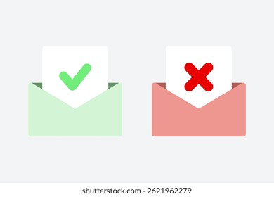 Marque la casilla de verificación y marque la cruz para abrir el conjunto de iconos de letras. Sobre aprobado y rechazado. Documentar, Aprobación, verificar, conceptos de comunicación. Ilustración aislada de diseño de Vector plano.