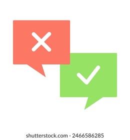 Marca de verificación y marca cruzada burbuja de voz. Aprobado y rechazado. Ilustración de diseño de Vector plano aislado en el fondo.