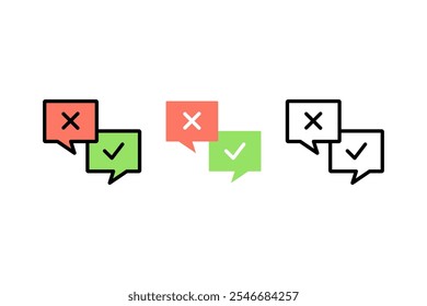 Aktivieren Sie Häkchen und Kreuzen Sie die Sprechblase. Genehmigt und abgelehnt. Entscheidung, Auswahl, Antwortkonzepte. Flaches Vektordesign, einzelne Illustration.
