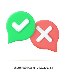 tick check mark and cross mark symbols icon element, Simple ok yes no graphic design, right checkmark symbol accepted and rejected, 3D rendering. Survey reaction icon. Vector illustration