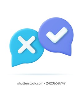 tick check mark and cross mark symbols icon element, Simple ok yes no graphic design, right checkmark symbol accepted and rejected, 3D rendering. Survey reaction icon. Vector illustration