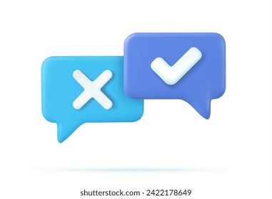 tick check mark and cross mark symbols icon element, Simple ok yes no graphic design, right checkmark symbol accepted and rejected, 3D rendering. Survey reaction icon. Vector illustration