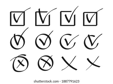 Tick Check Mark Icon Set. Hand Drawn Black Strokes And Pen Markings Marks For List Items. Grunge Handwritten Sign, Checkbox. Stylish Check Mark Icon Painted Collection. Objects Vector Illustration