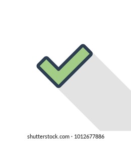 Tick, check mark thin line flat color icon. Linear vector illustration. Pictogram isolated on white background. Colorful long shadow design.