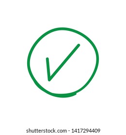 Tick Checkmark, Green Approval Check Mark Doodle. Hand Drawn Approval Icon.