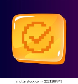Tick in circle glossy ui button with pixelated icon. Vote function. Editable 8bit graphic element on shiny square shape. Isolated vector user interface image for web, mobile. Retro style game design
