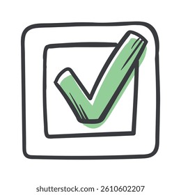 Tick. Confirmation. Checkbox. Vector Hand Drawn Illustration Isolated on White Background for Icon, Sticker, Print