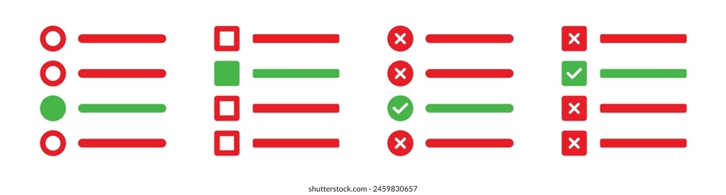 Tick the correct option quiz vector illustration with red cross and green tick. Online exam quiz test with checkmark icons. To do list with checkboxes right wrong symbols in red and green color.