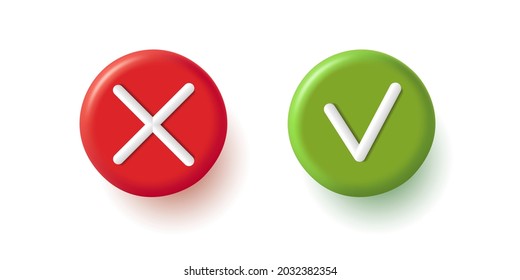 Tick and cross 3d icons, approve and decline signs red and green colors