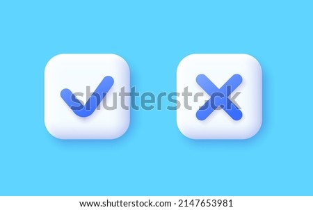 Tick and cross 3d vector icons on white background.