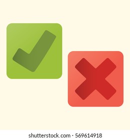 Tick and cross - always comes together. Vector illustrated signs for accept or reject action. Simple modern graphic elements.
