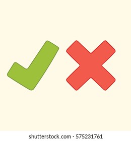 Tick and cross - always comes together. Vector illustrated signs for accept or reject action. Simple modern graphic elements.