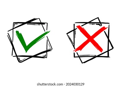 Tick and cross black signs. Gray checkmark OK and X icons, isolated on white background. Simple marks graphic design. Circle symbols YES and NO button for vote, decision, web. Vector illustration.