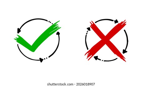 Tick and cross black signs. Gray checkmark OK and X icons, isolated on white background. Simple marks graphic design. Circle symbols YES and NO button for vote, decision, web. Vector illustration.
