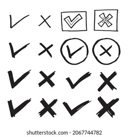 Tick and cross black signs. Gray checkmark OK and X icons, isolated on white background. Simple marks graphic design. Circle symbols YES and NO button for vote, decision, web. Vector illustration.