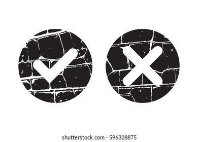 Tick and cross black signs. Gray checkmark OK and X icons, isolated on white background. Grunge marks graphic design. Circle symbols YES and NO button for vote, decision, web. Vector illustration