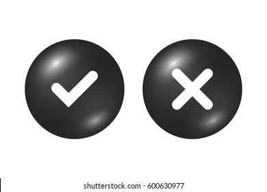 Tick and cross black signs. Gray checkmark OK and X icons, isolated on white background. Marks graphic design. Circle symbols YES and NO button for vote, decision, web. Vector illustration