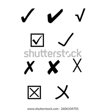 Tick and cross black signs. Gray checkmark OK and X icons, isolated on white background. Simple marks graphic design. Circle symbols YES and NO button for vote, decision, web. Vector illustration.