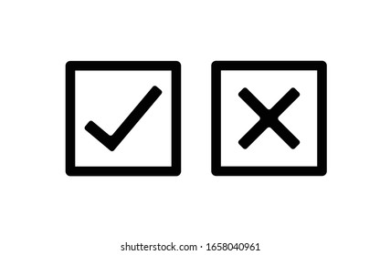 Tick and cross black signs simple. Gray checkmark OK and X icons, isolated on white background. Simple marks graphic design. Circle symbols YES and NO button for vote, decision, web. Vector