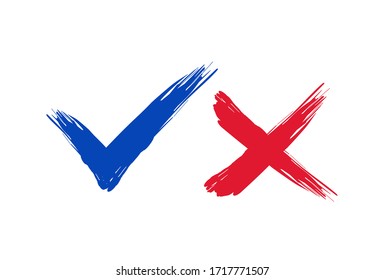 Tick and cross brush signs. blue checkmark OK and red X icons, isolated on white background.