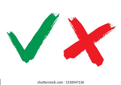 Tick and cross brush signs. Green checkmark OK and red X icons, isolated on white background. Simple marks graphic design. Symbols YES and NO button for vote, decision, web. Vector illustration