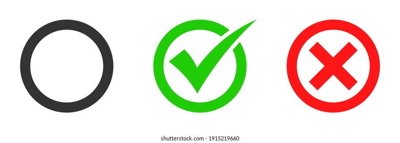 Tick and cross brush signs. Green checkmark OK and red X icons, isolated on white background. Simple marks graphic design. Symbols YES and NO button for vote, decision, web. Vector illustration