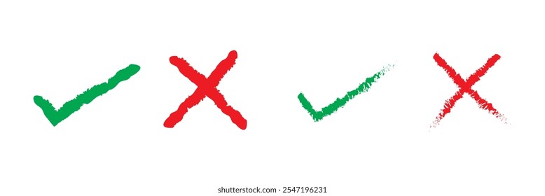 Tick and cross brush signs. Green checkmark OK and red X icons, isolated on white background. Symbols YES and NO button for vote, decision, web. Right and wrong.