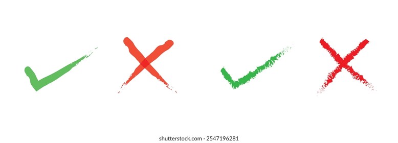 Tick and cross brush signs. Green checkmark OK and red X icons, isolated on white background. Symbols YES and NO button for vote, decision, web. Right and wrong.