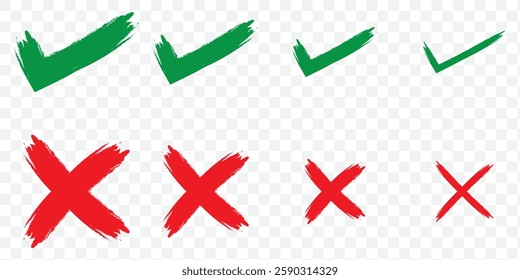 Tick and cross brush signs. Green checkmark OK and red X icons, isolated on white background. Symbols YES and NO button for vote, decision, web. Right and wrong. EPS 10.