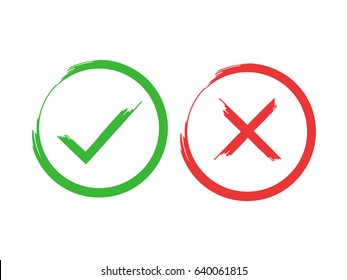 Tick and cross brush signs. Green checkmark OK and red X icons, isolated on white background. Simple marks graphic design. Symbols YES and NO button for vote, decision, web. Vector illustration