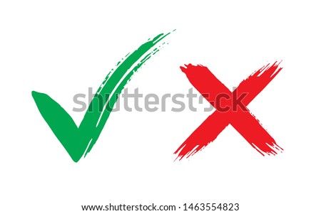 Tick and cross brush signs. Green checkmark OK and red X icons, isolated on white background. Symbols YES and NO button for vote, decision, web. Right and wrong. 