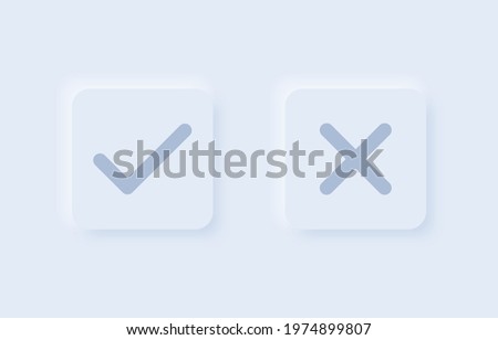 Tick and cross button for mobile app in modern neumorphic trend style. UI, UX set. Light mode. Buttons for vote, election choice. Graphic elements in skeuomorph design. Vector illustration