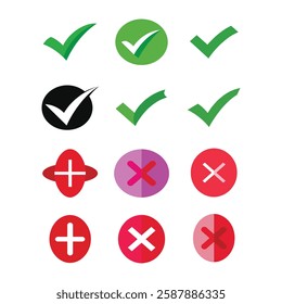 tick and cross buttons. check box icon with right and wrong buttons and yes or no checkmark icons in green tick box and red cross. tick, cross mark, mark, cross. vector illustration.