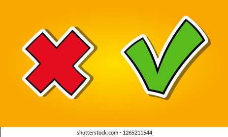 Tick and cross. Check mark and cross in cartoon style. Vector illustration.