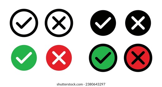 Tick and Cross check mark in a circle vector icon set for website design, app, ui, isolated on white background. EPS 10 vector illustration.