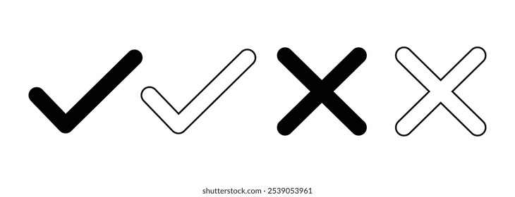 Tick and Cross check mark vector icons set. Checkmark right symbol tick sign. Flat vector icon.