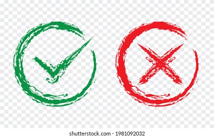 Tick Cross Check Marks Circle Grunge Brush Sign Vector Isolated on Transparent Background - Shutterstock ID 1981092032