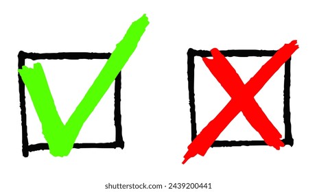 Tick and Cross in Checkbox on White Background. Checkmark and Cross Icons. Decision-Making YES and NO Options. Green Checkmark for Approval, Red Cross for Rejection. Vector Illustration.	