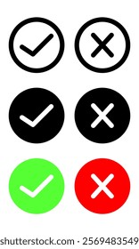 Tick and Cross checkmark vector icons in line style design for website design or app. Right and wrong vector check mark icon, black outline flat rounded checkmark. vector illustration