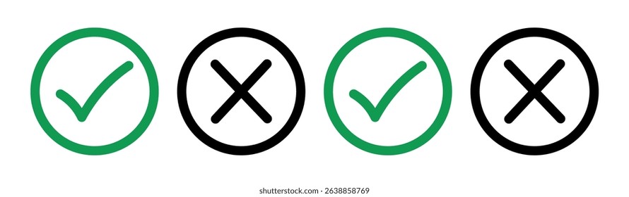  Tick and Cross checkmark vector icons in line style design for website design, app, UI, isolated on white background. Editable stroke, Correct and wrong icon set . Tick and cross icon