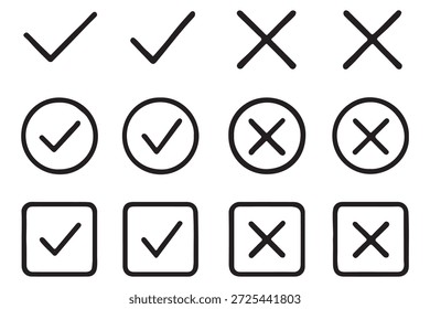 Tick and Cross checkmark vector icons in line style design for website design, app, UI, isolated on white background. Editable stroke. EPS 10 vector illustration.