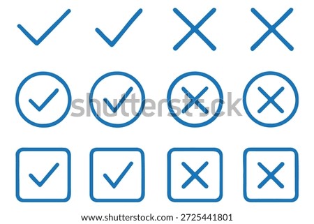 Tick and Cross checkmark vector icons in line style design for website design, app, UI, isolated on white background. Editable stroke. EPS 10 vector illustration.