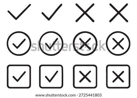 Tick and Cross checkmark vector icons in line style design for website design, app, UI, isolated on white background. Editable stroke. EPS 10 vector illustration.