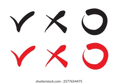 Tick, cross, circle set in black and red color. Yes or no. Vector signs for vote, election choice, check marks, approval signs design. Check list marks, choice options, survey signs.